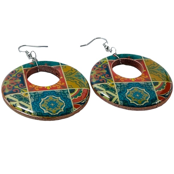 Large boho hippie textile colorful circle earrings NEW - Picture 4 of 5